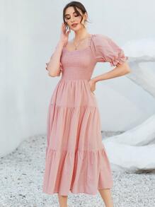 Mulvari Swiss Dot Puff Sleeve Shirred Ruffle Hem Dress - Dusty Pink - View 3