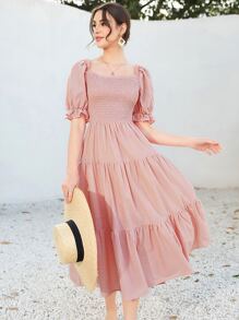Mulvari Swiss Dot Puff Sleeve Shirred Ruffle Hem Dress - Dusty Pink - View 4