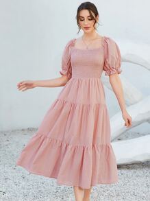 Mulvari Swiss Dot Puff Sleeve Shirred Ruffle Hem Dress - Dusty Pink - View 6