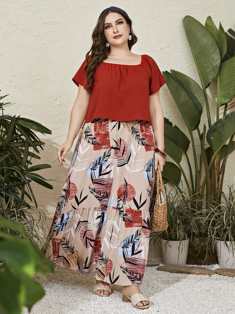 Mulvari Plus Solid Ruched Top & Tropical Print Skirt - Multicolor - View 6