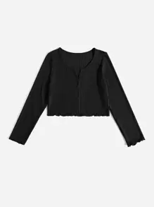 SHEIN EZwear Plus Lettuce Edge Waffle Knit Tee - Black - View 3