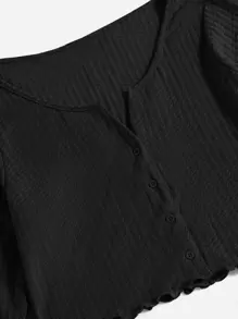 SHEIN EZwear Plus Lettuce Edge Waffle Knit Tee - Black - View 4