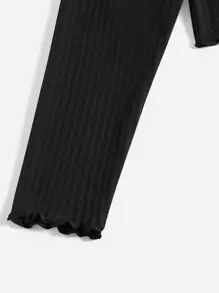 SHEIN EZwear Plus Lettuce Edge Waffle Knit Tee - Black - View 5