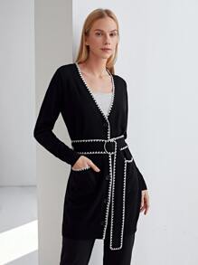 MOTF PREMIUM WOOL MIX CONTRAST TRIM BELTED CARDIGAN - Black - View 1