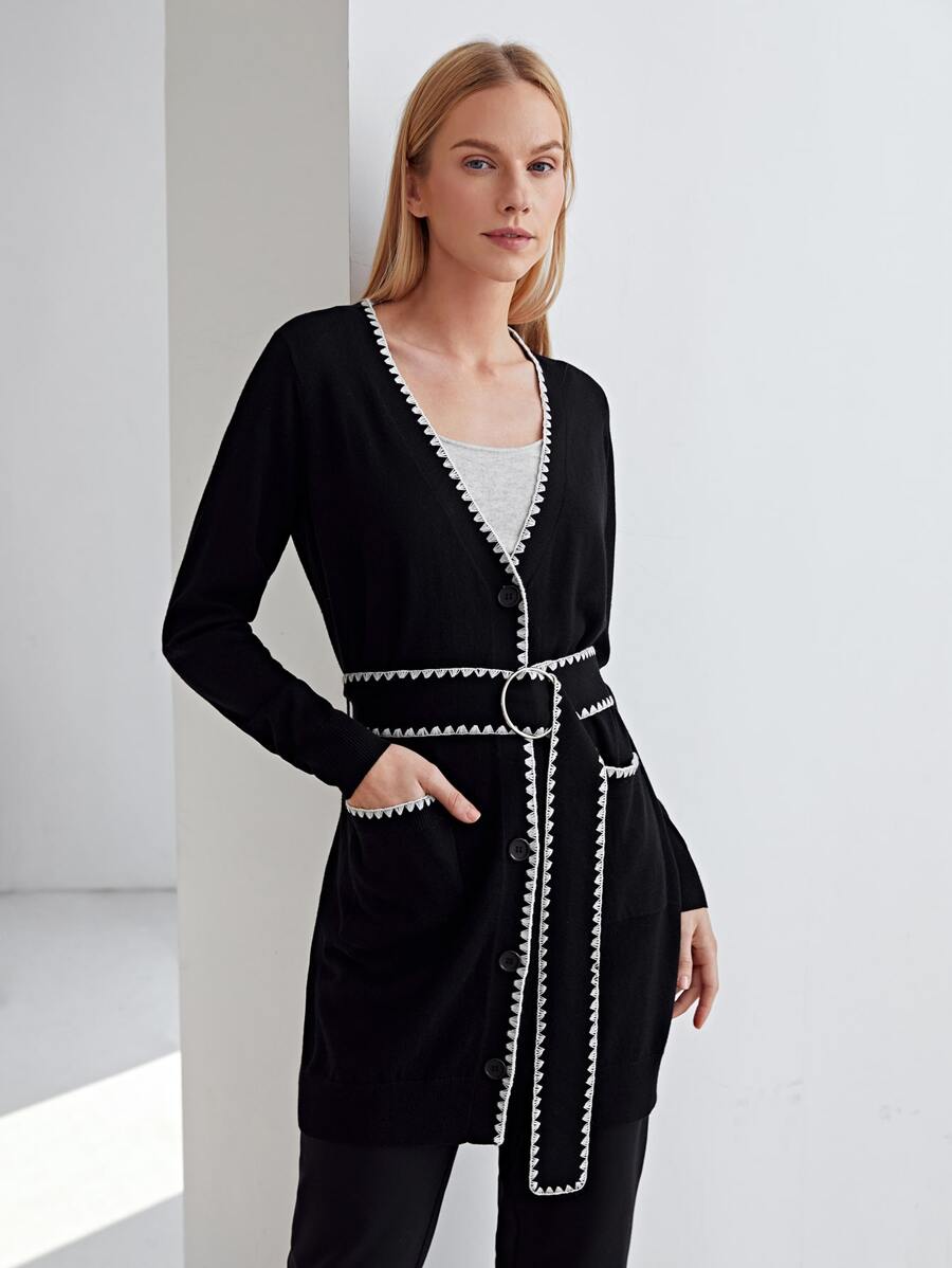 MOTF PREMIUM WOOL MIX CONTRAST TRIM BELTED CARDIGAN - Black - View 1