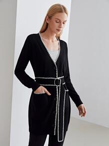 MOTF PREMIUM WOOL MIX CONTRAST TRIM BELTED CARDIGAN - Black - View 3