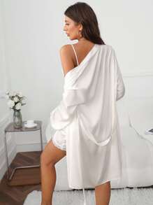 Crystal Vow Drop Shoulder Lace Trim Belted Satin Robe & Cami Sleep Dress Pajama Set White Set, Fall Winter Clothes - White - View 2