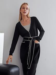 MOTF PREMIUM WOOL MIX CONTRAST TRIM BELTED CARDIGAN - Black - View 5