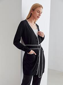 MOTF PREMIUM WOOL MIX CONTRAST TRIM BELTED CARDIGAN - Black - View 6