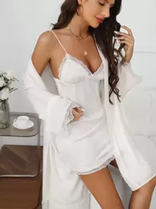 Crystal Vow Drop Shoulder Lace Trim Belted Satin Robe & Cami Sleep Dress Pajama Set White Set, Fall Winter Clothes - White - View 5
