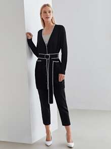 MOTF PREMIUM WOOL MIX CONTRAST TRIM BELTED CARDIGAN - Black - View 9