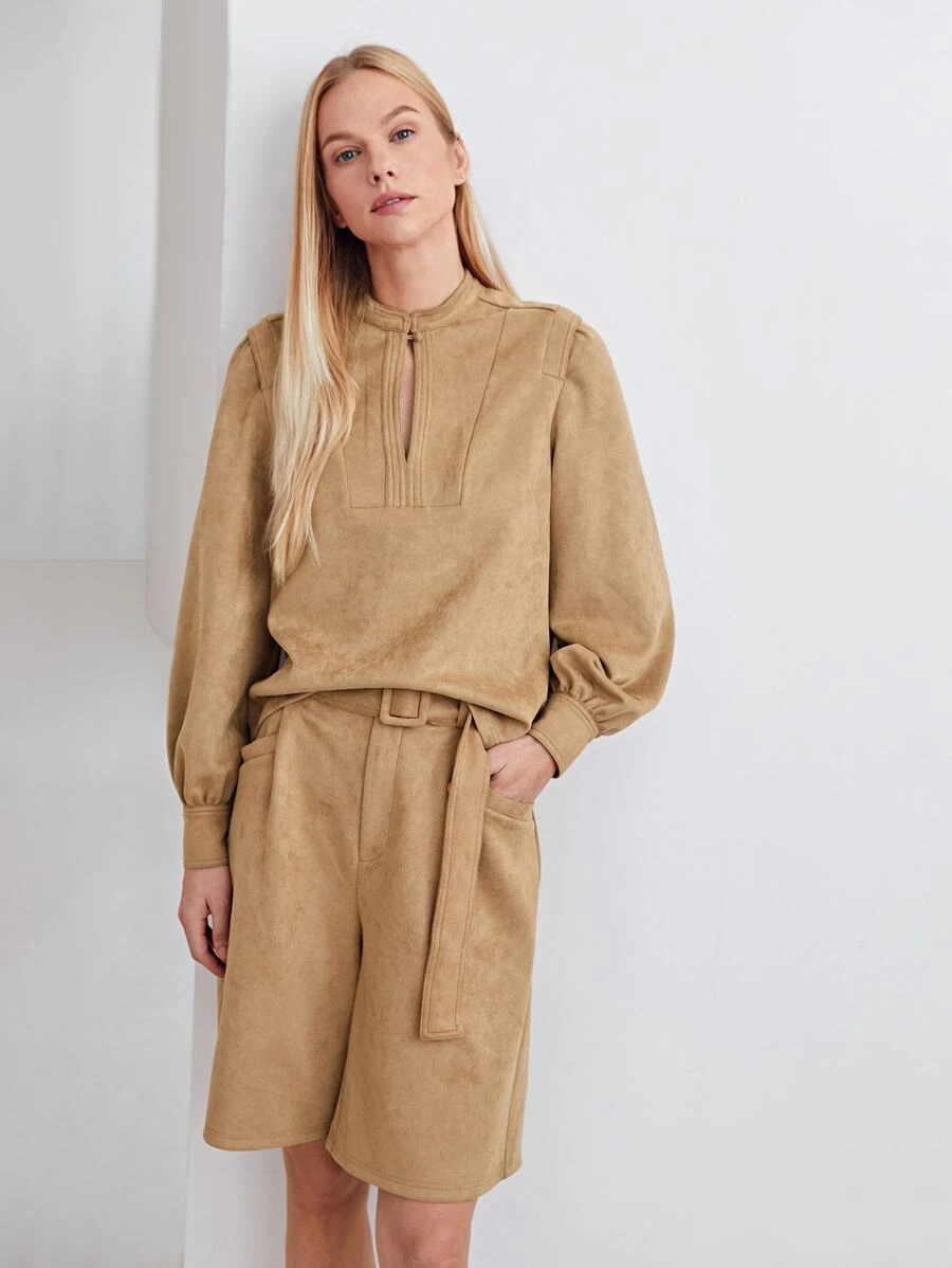 MOTF PREMIUM SUEDETTE KEYHOLE TOP & SHORTS SET - Khaki - View 1