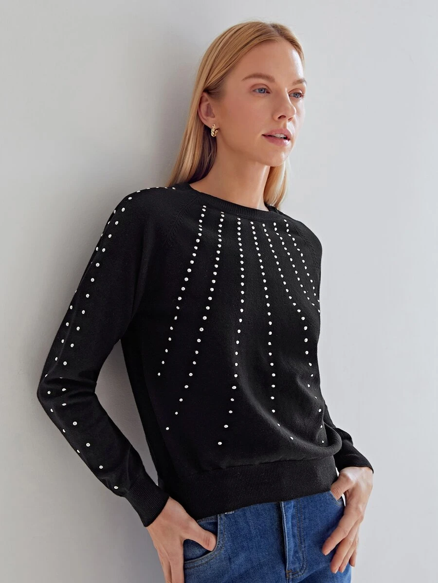 MOTF PREMIUM 水鑽插肩袖套頭毛衣 - 黑色 - 查看 1