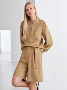 MOTF PREMIUM SUEDETTE KEYHOLE TOP & SHORTS SET - Khaki - View 3