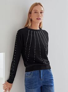 MOTF PREMIUM 水鑽插肩袖套頭毛衣 - 黑色 - 查看 6