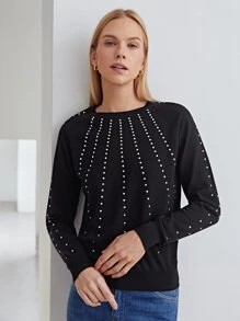 MOTF PREMIUM 水鑽插肩袖套頭毛衣 - 黑色 - 查看 9