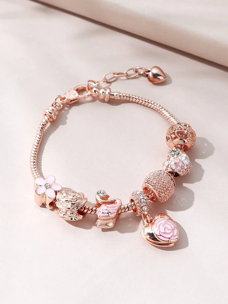 Rhinestone Decor Heart Charm Bracelet Valentines - Rose Gold - View 1