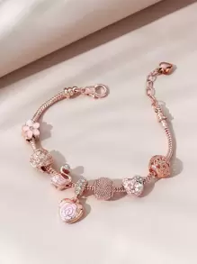 Rhinestone Decor Heart Charm Bracelet Valentines - Rose Gold - View 2