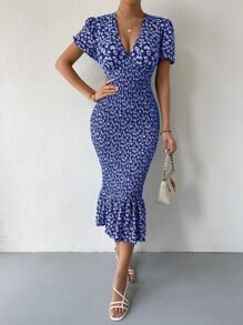 Chiquease 碎花荷葉邊打攬連衣裙 - 藍白色 - 查看 3