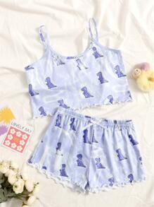 Girls Dinosaur Print Lettuce Trim PJ Set - Lilac Purple - View 1