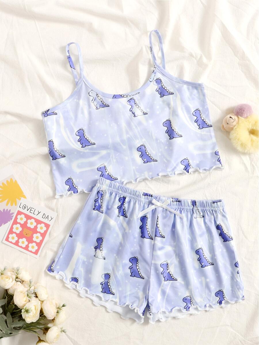Girls Dinosaur Print Lettuce Trim PJ Set - Lilac Purple - View 1