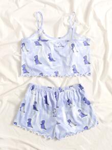 Girls Dinosaur Print Lettuce Trim PJ Set - Lilac Purple - View 2