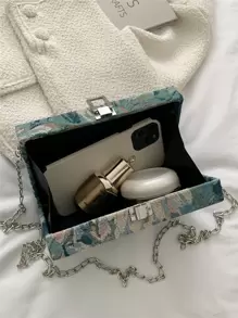 1 件新款刺绣女士斜挎包，金属链单肩包/手提包，随机花卉油画图案优雅盒形钱包女士礼物