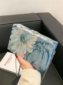 1 件新款刺绣女士斜挎包，金属链单肩包/手提包，随机花卉油画图案优雅盒形钱包女士礼物