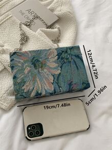 1 件新款刺绣女士斜挎包，金属链单肩包/手提包，随机花卉油画图案优雅盒形钱包女士礼物
