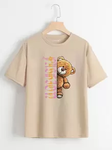 SHEIN EZwear Letter And Bear Graphic Tee - Khaki - View 1