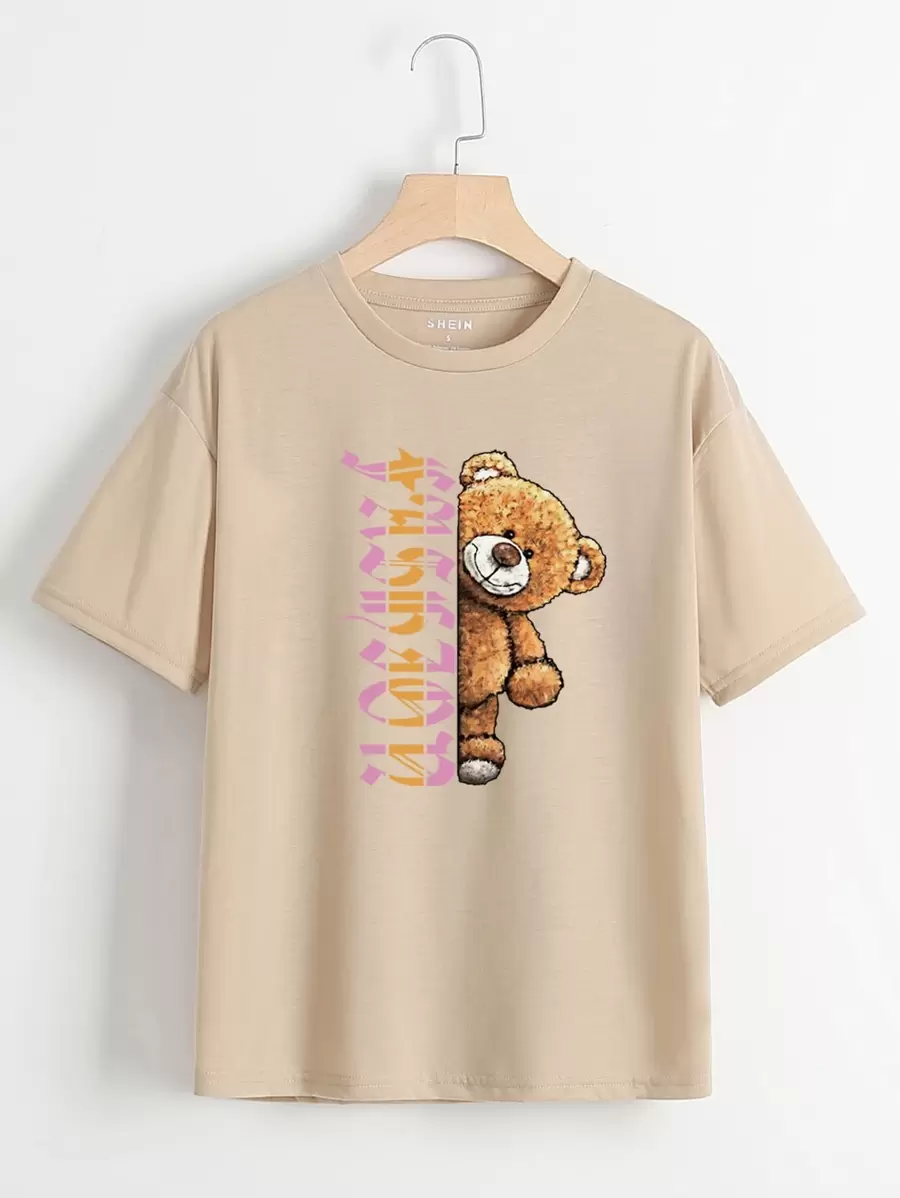 SHEIN EZwear Letter And Bear Graphic Tee - Khaki - View 1