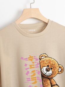 SHEIN EZwear Letter And Bear Graphic Tee - Khaki - View 4