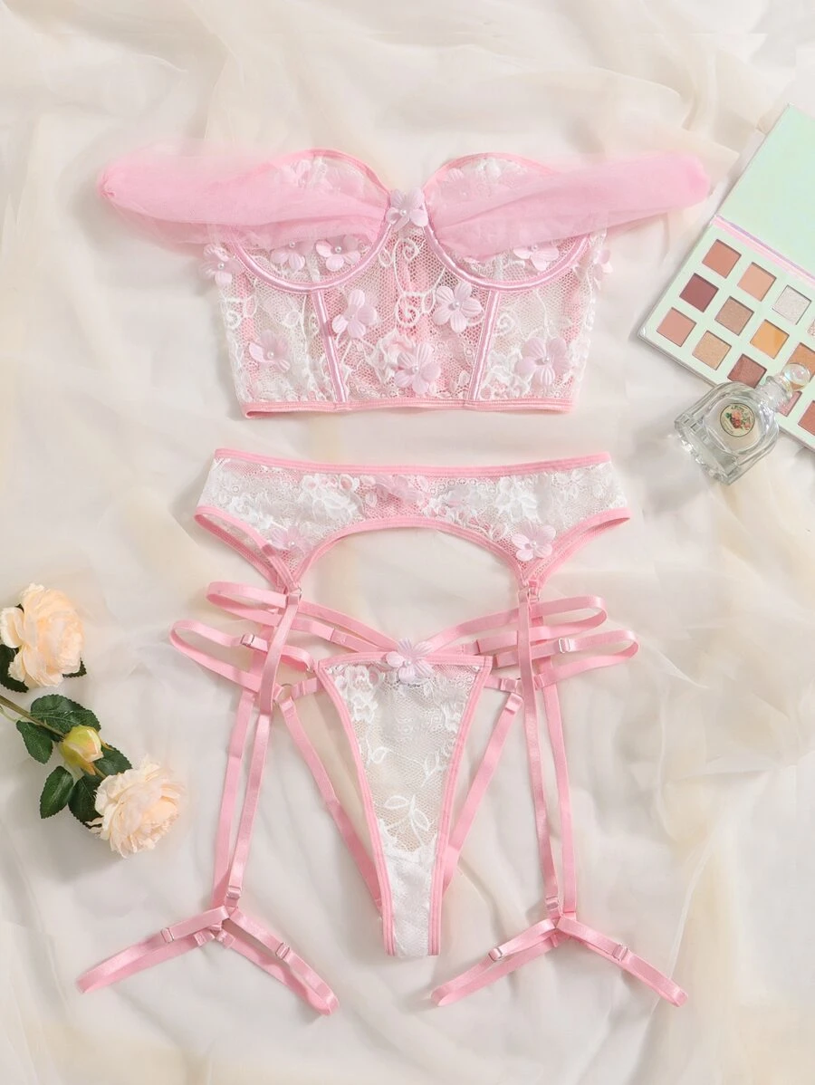 Appliques Underwire Garter Lingerie Set - Pink - View 1