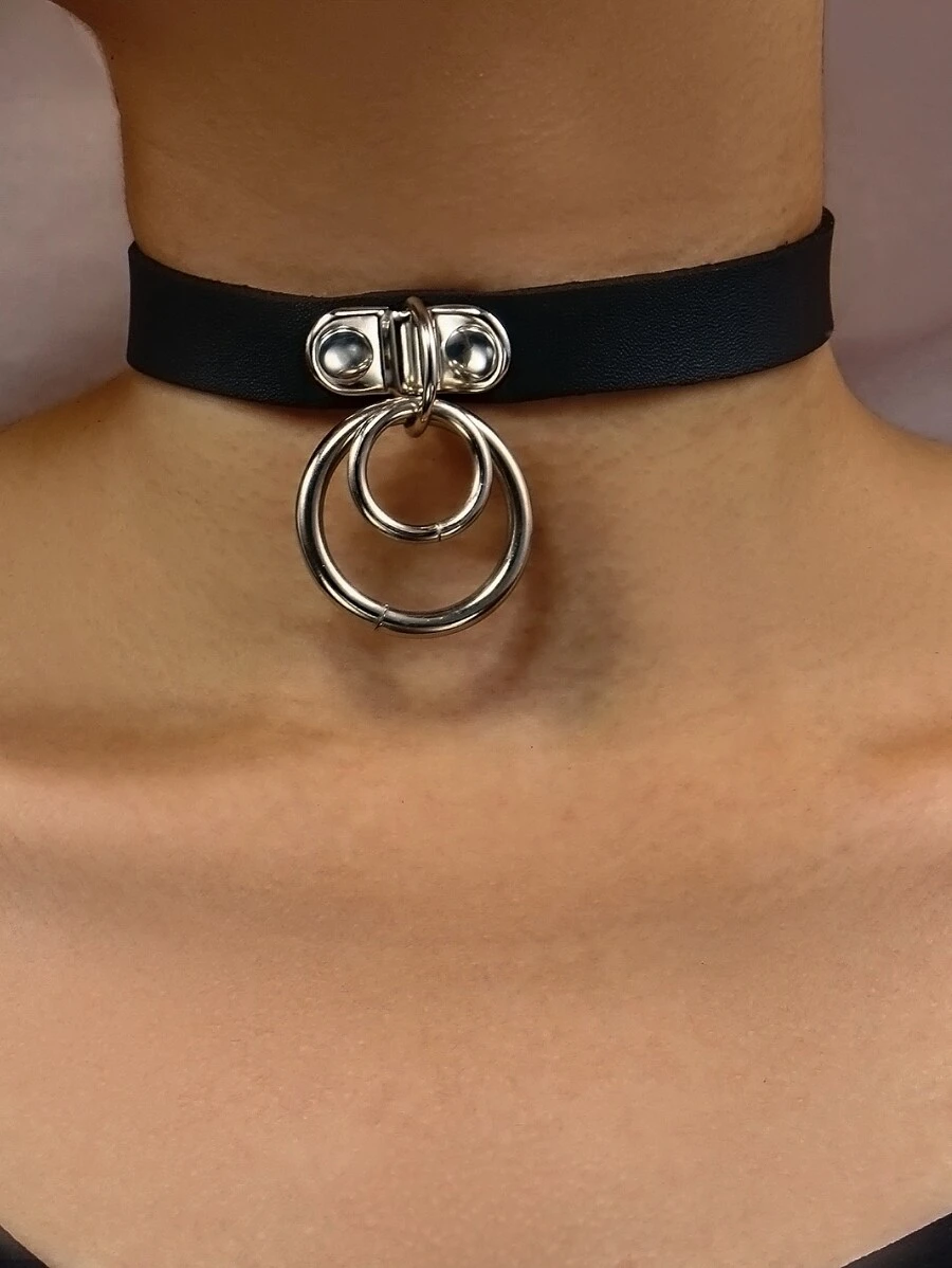 1pc Punk Style Double Ring Leather Choker Necklace, Suitable For Men And Women Everyday Wear Or Party - Black - View 1