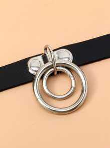 1pc Punk Style Double Ring Leather Choker Necklace, Suitable For Men And Women Everyday Wear Or Party - Black - View 2