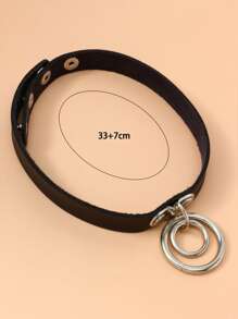 1pc Punk Style Double Ring Leather Choker Necklace, Suitable For Men And Women Everyday Wear Or Party - Black - View 3