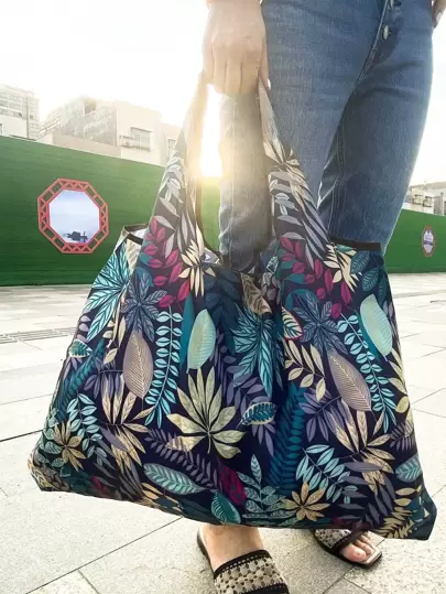 Bolsa de tela plegable con estampado de hojas gráficas, bolsa de compras de gran capacidad, bolso versátil de hombro, bolso escolar, gran capacidad, portátil, clásico casual
