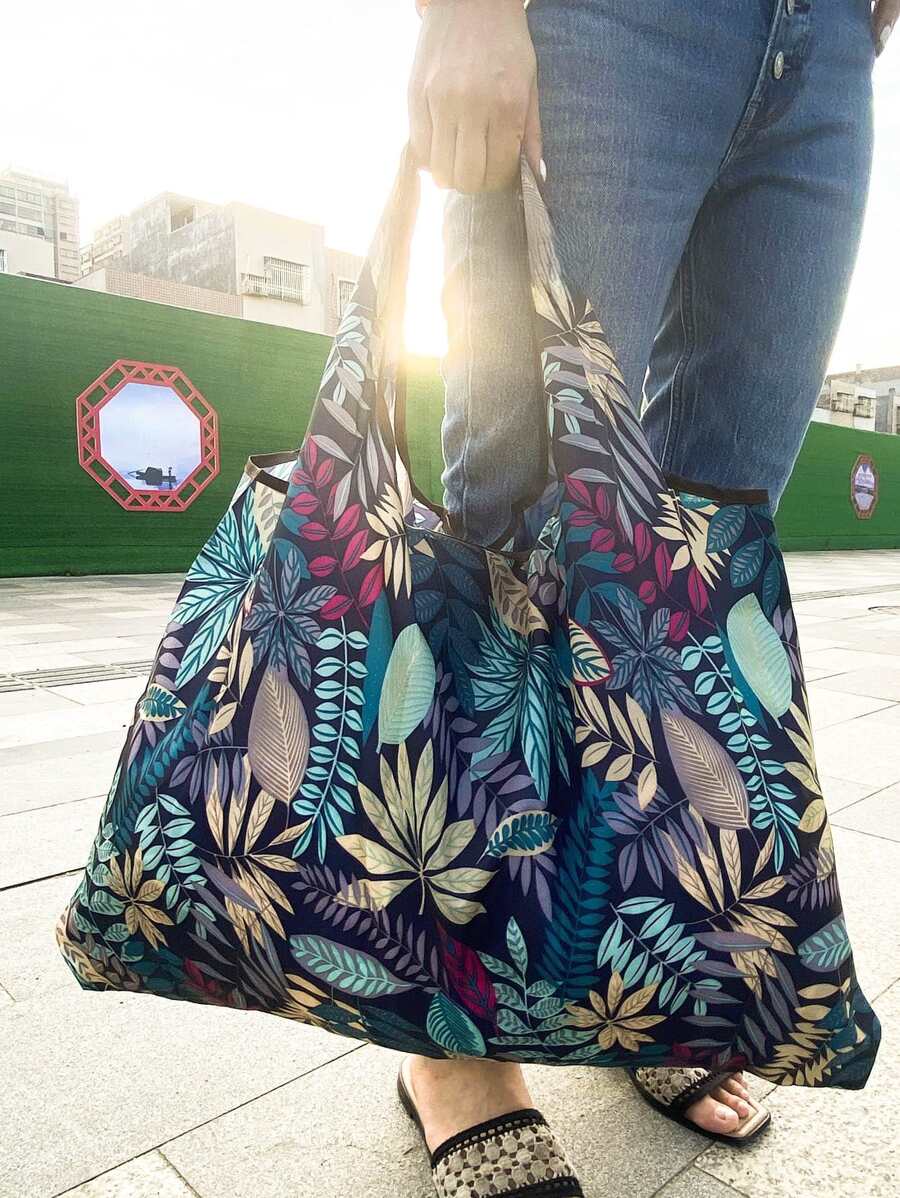 植物图案可折叠叶子图案手提包，大容量购物袋，多功能单肩包，书包，返校，大容量，便携，经典休闲 - 彩色 - 查看 1