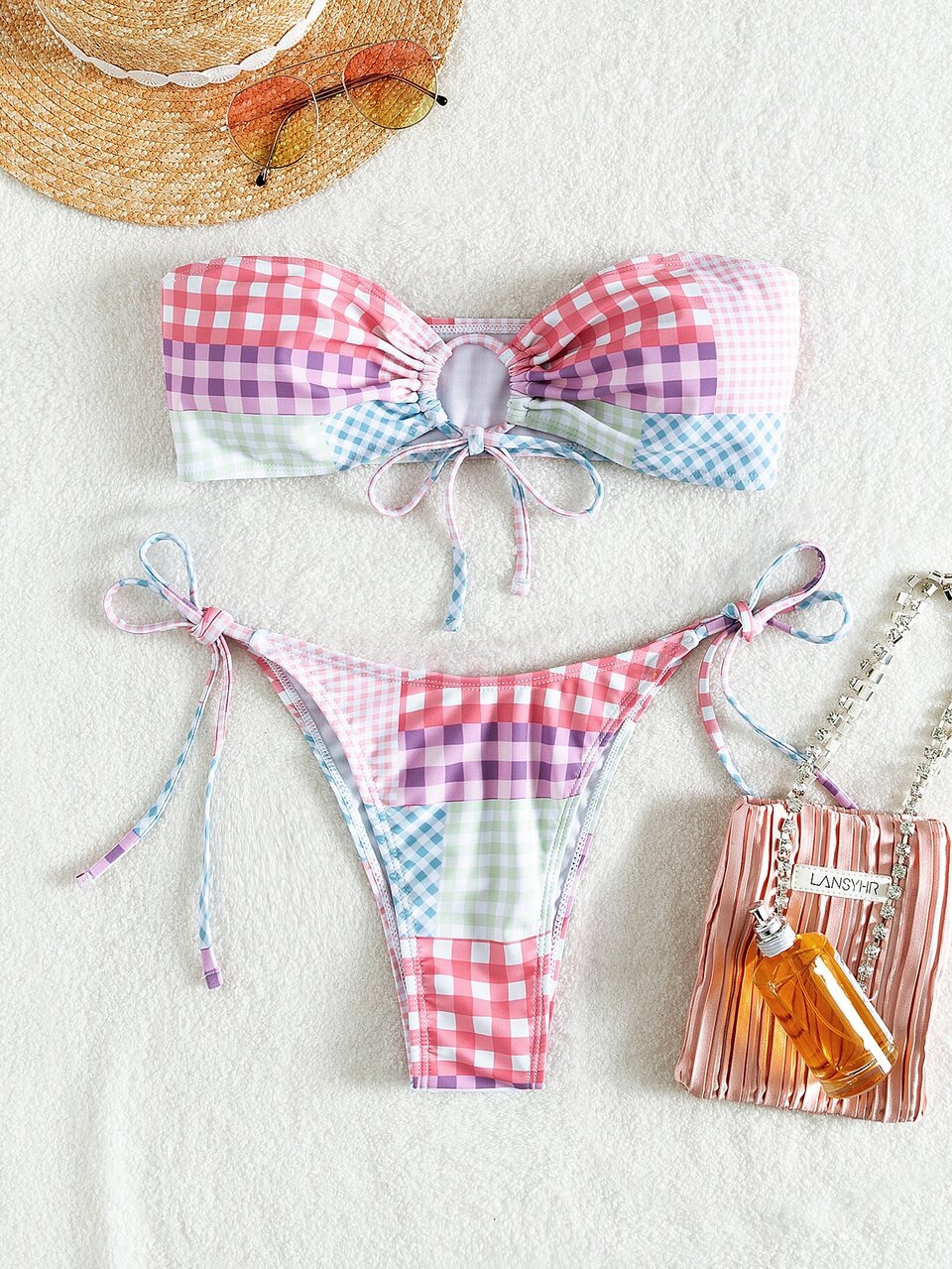 Swim Suits For Women Summer Beach Gingham Bikini Set Drawstring Knot Front Bandeau Bra Top & Tie Side Bikini Bottom 2 Pieces Bikini