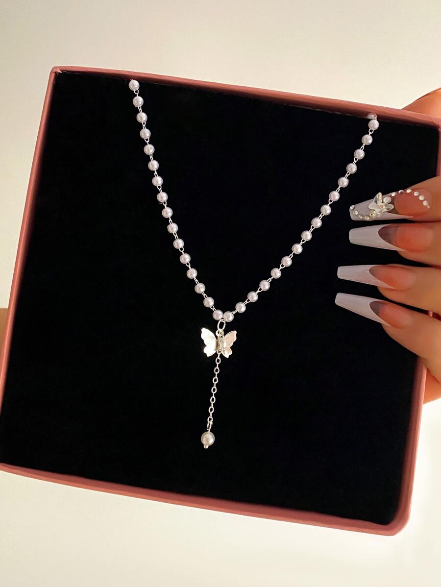 蝴蝶和人造珍珠裝飾項鍊 - 銀色 - 查看 1
