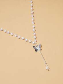 蝴蝶和人造珍珠裝飾項鍊 - 銀色 - 查看 2