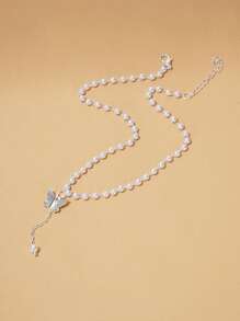 蝴蝶和人造珍珠裝飾項鍊 - 銀色 - 查看 3