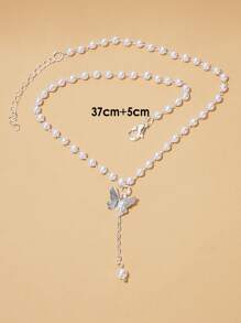 蝴蝶和人造珍珠裝飾項鍊 - 銀色 - 查看 4