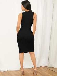 SHEIN SXY 纯色粗针织紧身连衣裙，茶会连衣裙，女士夏季连衣裙 - 黑色 - 查看 2