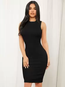 SHEIN SXY 纯色粗针织紧身连衣裙，茶会连衣裙，女士夏季连衣裙 - 黑色 - 查看 4