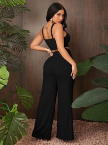 SHEIN SXY Rib Knit Cami Top & Pants Set - Black - View 2