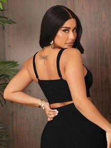 SHEIN SXY Rib Knit Cami Top & Pants Set - Black - View 4