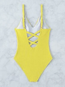 纯色交叉连体泳衣，适合夏季海滩度假 - 黃色 - 查看 2