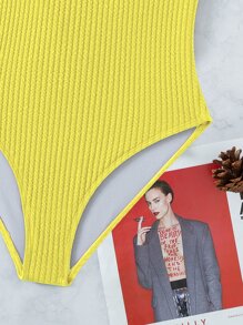 纯色交叉连体泳衣，适合夏季海滩度假 - 黃色 - 查看 4