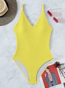 纯色交叉连体泳衣，适合夏季海滩度假 - 黃色 - 查看 6